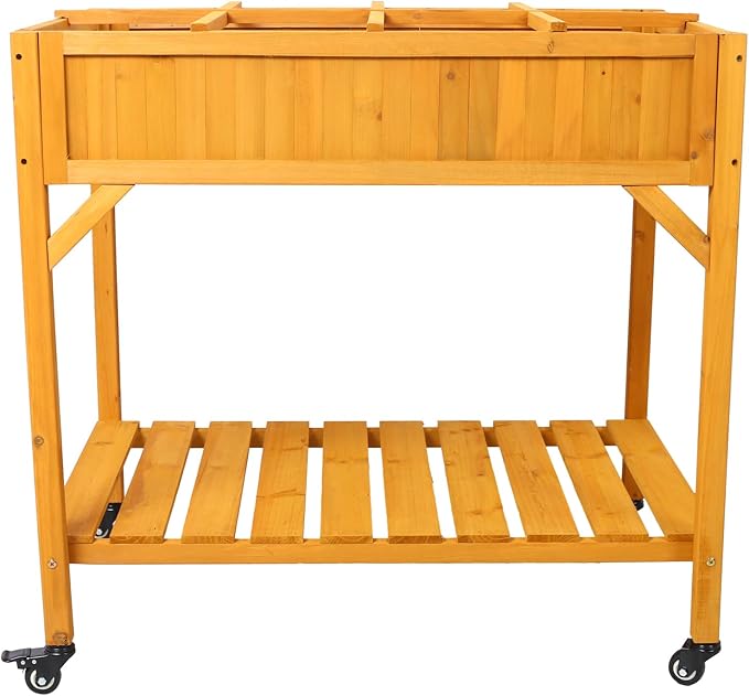 Elevated 8 Pocket Herb Garden BedMobile Raised Customizable Wood Planter for HerbsVegetablesFlowers w/Lockable WheelsStorage ShelfDrainage Holes