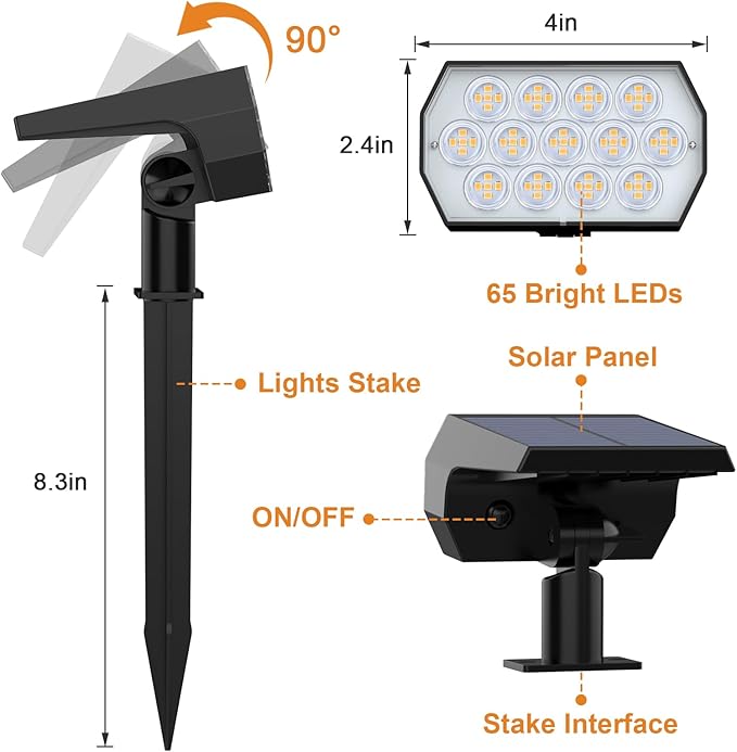 WELALO Solar Spot Lights Outdoor [2 Pack/65 LED/3 Modes] Solar Landscape Spotlights Solar Powered Security Lights IP68 Waterproof Wall Lights for Outsides Walkway Yard Garden Driveway(Warm White)