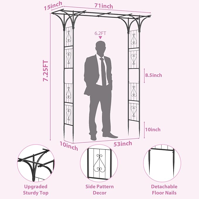 Garden Arch Trellis 7FT Wedding Arch Backdrop StandMetal Garden Arbor Trellis for Plant Climbing Outdoor Plant Arch with Anchored Pile Flower Arch Stand Balloon DecorArchway Pergola