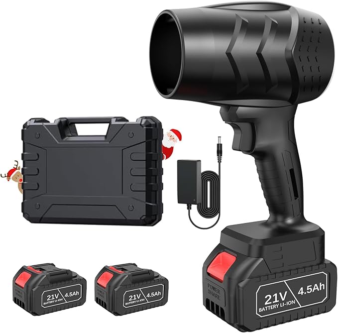 Leaf Blower with 21V*2 Pcs Batteries 950000RPM Powerful Fan High Variable Speed 200 MPH Handheld Air Blower Perfect for Car Drying Patio Cleaning Lawn Caring Leaves Blowing (Black)