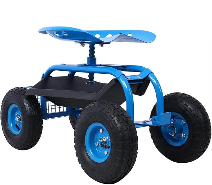 Garden Seat with Wheels Outdoor Garden Stool with Adjustable 360° Swivel Seat and Tool Tray Heavy Duty Rolling Garden Cart for Planting Gardening Scooter for Lawn Yard PatioBlue