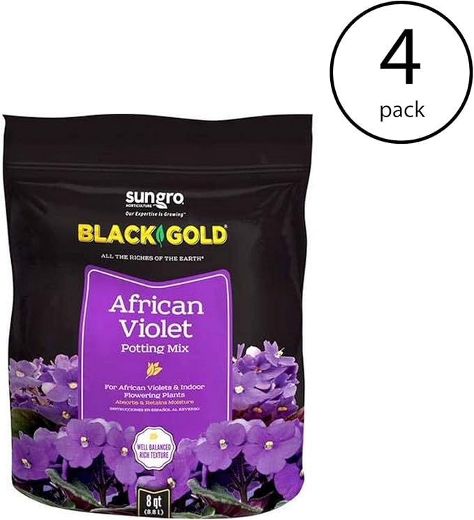 SunGro Black Gold Indoor Natural and Organic African Violet Potting Soil Fertilizer Mix for House Plants 8 Quart Bag (4 Pack)