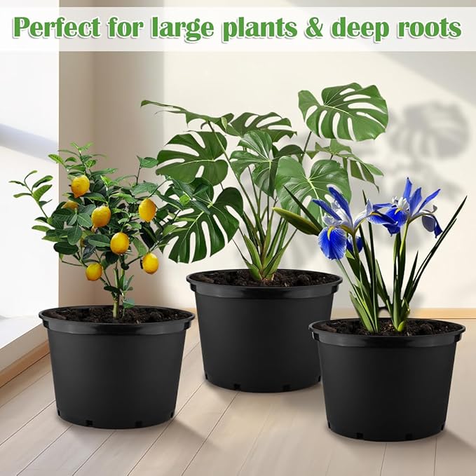 10 Gallon Plastic Nursery Pots 16 Inch Round Plant Pots with Drainage Holes 5 Pack Large Garden Flower Pots for Outdoor Indoor Plants Gardening Gifts for Women Black