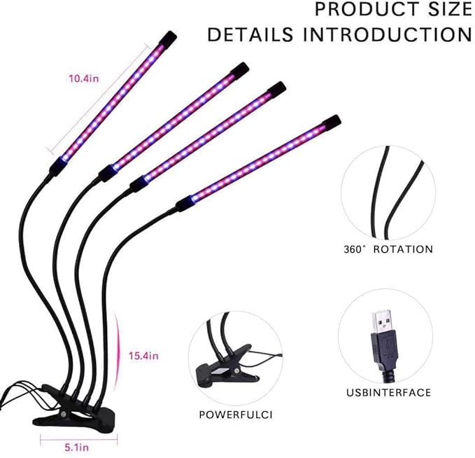 LED Grow Lights for Indoor Plants Plant Grow Lights Full Spectrum Auto ON Off with 3/9/12H Timer 9 Dimmable Lightness Clip-On Desk Grow Lamp Bulbs (Four Head)