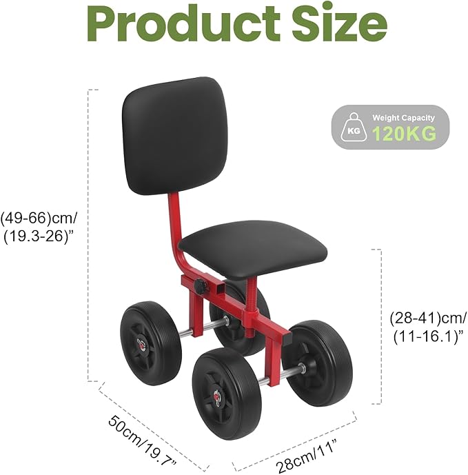 Compact Rolling Garden Seat with Adjustable Ergonomic Design - Backrest (19.29-25.98) 120kg Load PP/Steel Material for Outdoor Tasks Black