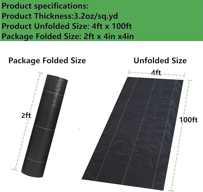 4ftx100ft Weed Barrier Landscape Fabric Heavy Duty Weed Gardening Ground Cover Mat Weed Control Garden Cloth Woven Geotextile Fabric for Underlayment Commercial Driveway Fabric Black