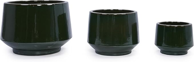 Handmade Solid Glaze Ceramic Planter Set of 3 15119 Inch Diameter No Pattern for Monstera and Fiddle Leaf Fig Outdoor G Indoor Staircase Use Breathable Clay Dark Green