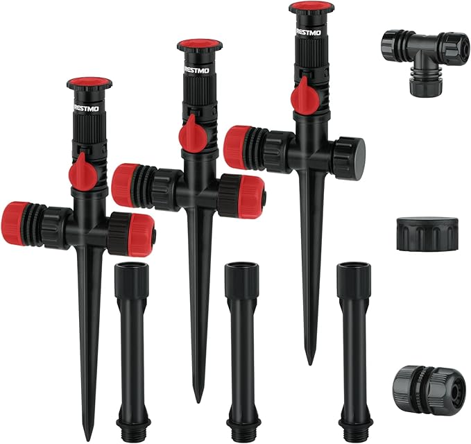 RESTMO Flexible Sprinkler System with Metal Spike Base Above Ground DIY Irrigation Kit Multi-Adjustable Lawn Sprinkler Set Ideal for Plant and Flower Bed Watering Red (Garden Hose Not Included)