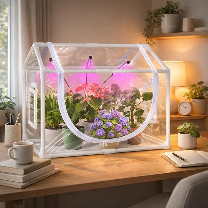 Indoor Mini Greenhouse with Grow Light Tabletop Small Greenhouse for Beginners All-in-One Tiny Plant Nursery Kit with Adjustable LED Light &amp Timer Smart Grow Tent for Herbs Gardening Gift