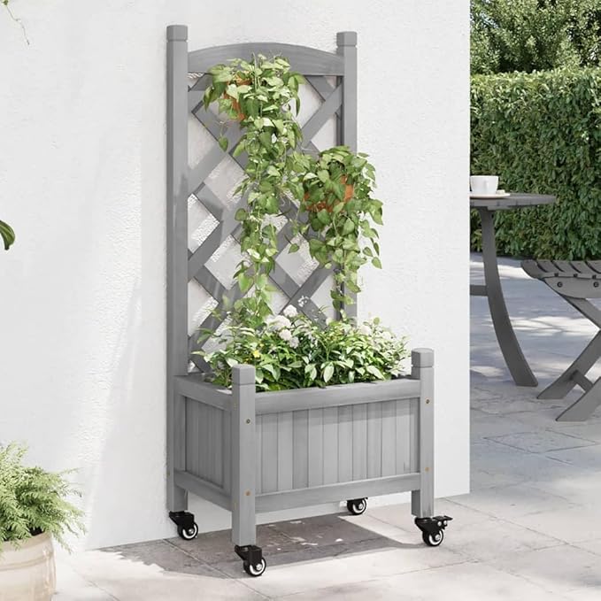 vidaXL Plant Pot with Trellis Wheels Flower Box with Trellis Planter for Patio Garden Plant Box Grey Solid Wood Fir 40 x 30 x 97.5 cm 3207645