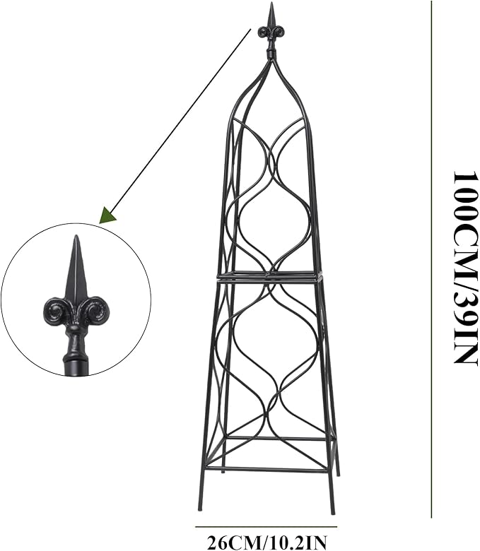 Obelisk Trellis for Garden - 38.3 x 10.03 Durable Metal Climbing Support for Roses Vines &amp Flowers | Elegant Black Design with Decorative Top &amp Hollow Sides