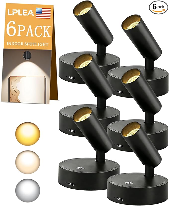 6PACK Dimmable Indoor Spotlights - LED Rechargeable 350° Rotatable Wireless Lighting with 3 Colors for Plants Paintings and Artwork Accent Lighting (Black)