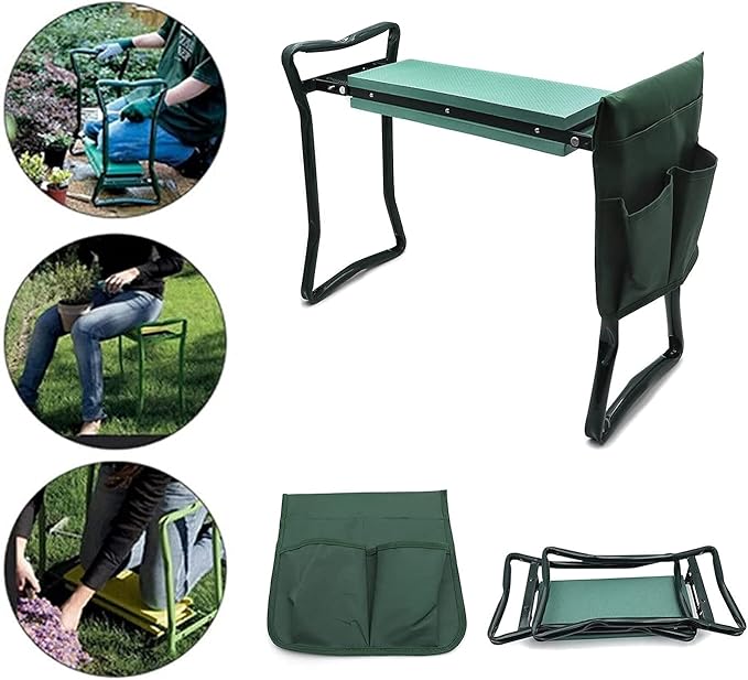 HongK- Outdoor Green Garden Kneeler Benches Seat w/EVA Folding Portable Bench Kneeling Pad and Tool Pouch Protection Body Knees Clothes from Dirt &amp Grass Stains [P/N: ET-TOOL039-GREEN]
