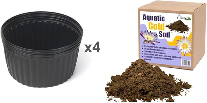 Chalily Aquatic Planting Bundle for Waterlilies Bog Plants Lotus Easy Water Lily Plant Kit Hardy Tropical Waterlily Kit Pond Water Feature Garden Aquatic Soil Pond Plants (16qt Soil 4 of 10” Pot)