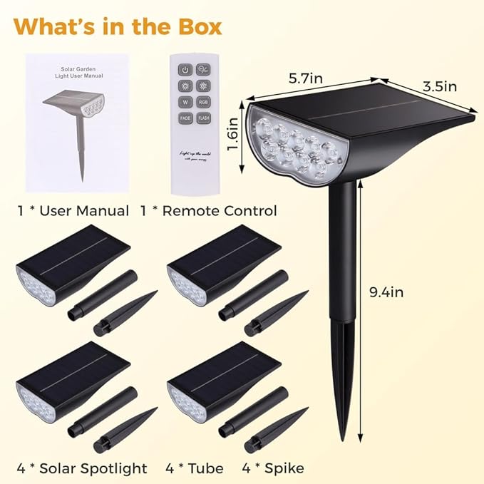 Set of 4 Solar Spotlights for Outdoor Gardens Color-Changing Led Lights with Remote Control Waterproof Landscape Lighting