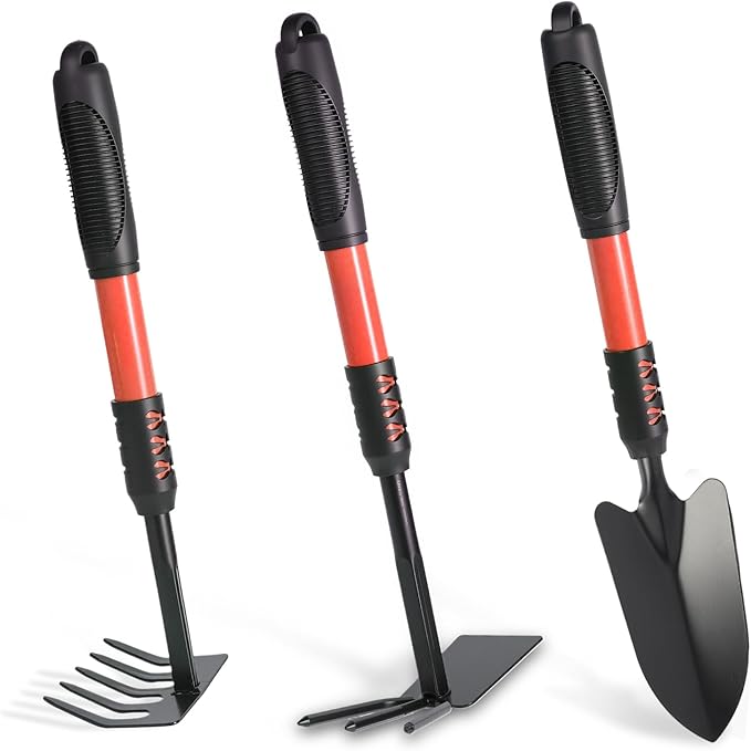 Garden Tool Set 3 Pack Lightweight Heavy Gardening Kit Including Hand Shovel Transplant Shovel and Hand Rake with Soft Rubber Non-Slip Handle for Planting Weeding Digging Orange ﻿
