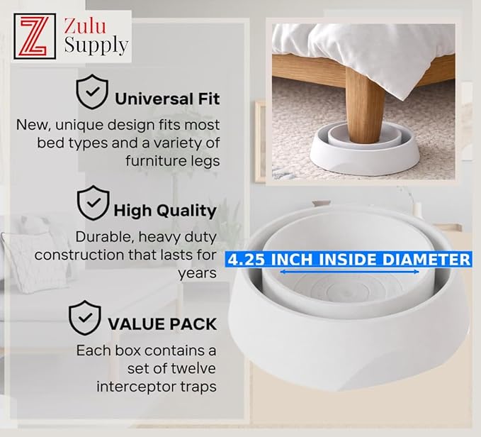 Bed Bug Interceptor Traps – White 12-Pack Passive Monitor &amp Detection Trap – Universal Fit for Bed &amp Furniture Legs – Reusable Non-Climbable Wall Pest Control Protection (White 12-Pack)