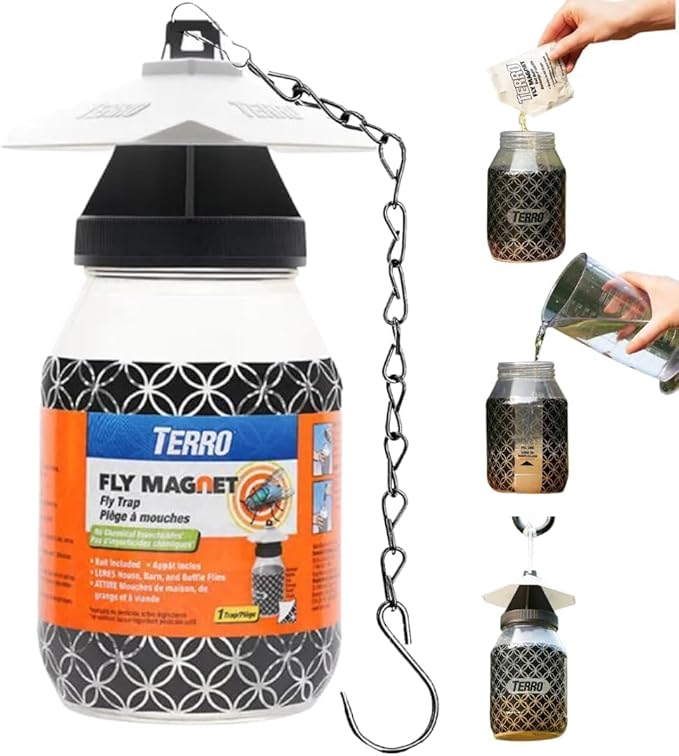 Plexon Fly Trap Bundle Compatible with TERRO Fly Magnet Reusable Fly Trap Includes Fly Bait and 9.5 Heavy Duty Hanging Chain (2 Traps)