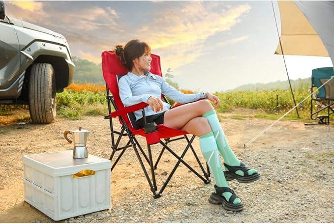 High Back Heavy Duty Lawn Chair Support 250LBS Portable Collapsible Chair with Cup Holder (Red + Steel)