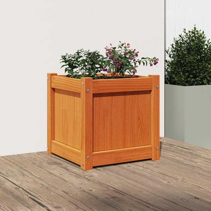 Garden Planter Wax Brown Solid Pine Wood Medium 15.7 Square Decorative Inlays Outdoor Raised Bed for Flowers Herbs Vegetables