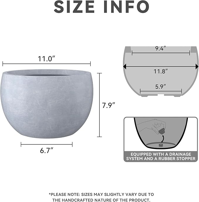 Kante 11.8 Dia Round Concrete Planter Outdoor/Indoor Large Bowl Plant Pots with Drainage Hole and Rubber Plug for Garden Patio Balcony Home Gray