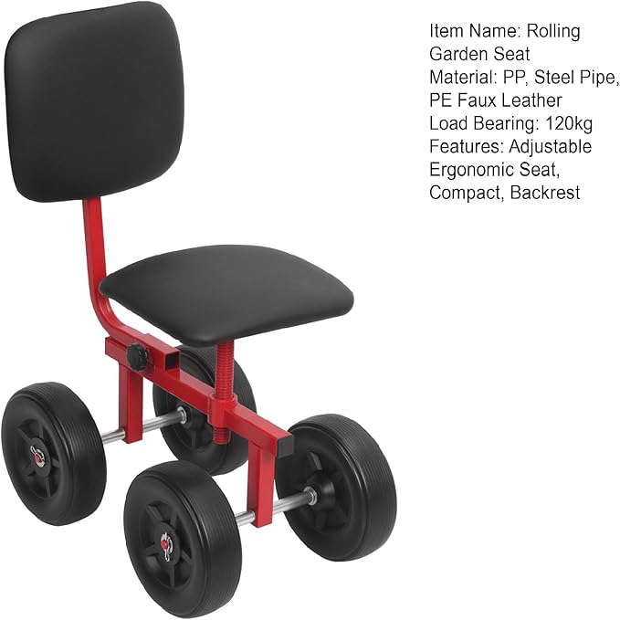 Ergonomic Rolling Garden Stool with Adjustable Height (11.02-16.14) &amp Backrest 120kg Bearing Compact for Garden/Patio Use Black