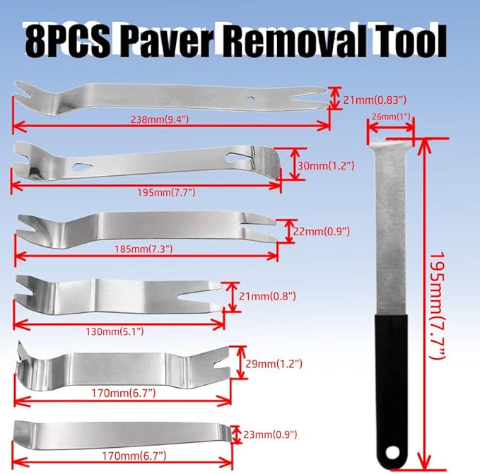 8PCS Paver Removal Tool SetStainless Steel Paver ExtractorMulti-Functional Pry Bar Set for Garden Lawn Yard Patio Brick Block Replacement with Black Storage Bag