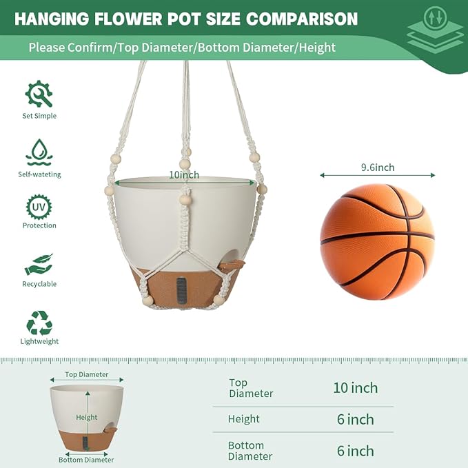 Self-Watering Hanging Planters for Indoor Plants Set 2-Piece Includes Plant Hanging Pot Drainage-Hole Hanging Pot and Hanging Basket Rack (10 Inches White)