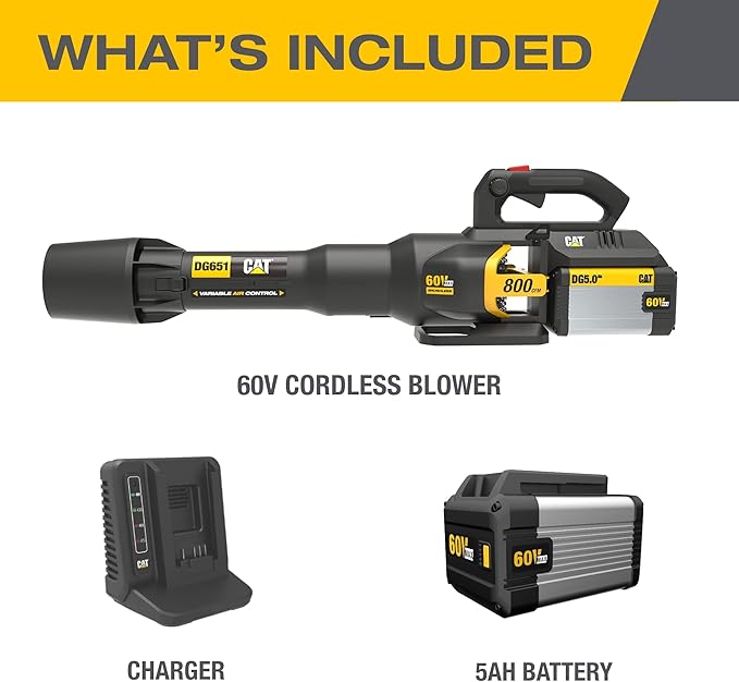 Cat DG651 60V 800 CFM 170 MPH High-Powered Leaf Blower Cordless Adjustable Speed Blowers for Lawn Care Lightweight Cordless Leaf Blower with Variable Air Control – Battery &amp Charger Included