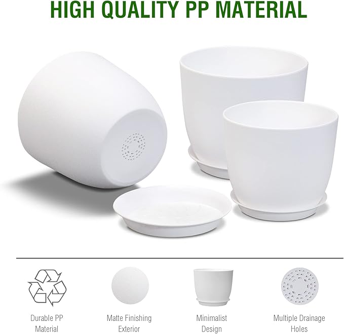 12/10/9 Large Plant Pots Plastic Planters with Drainage Holes and Saucers for Indoor Outdoor Plants Flowers White