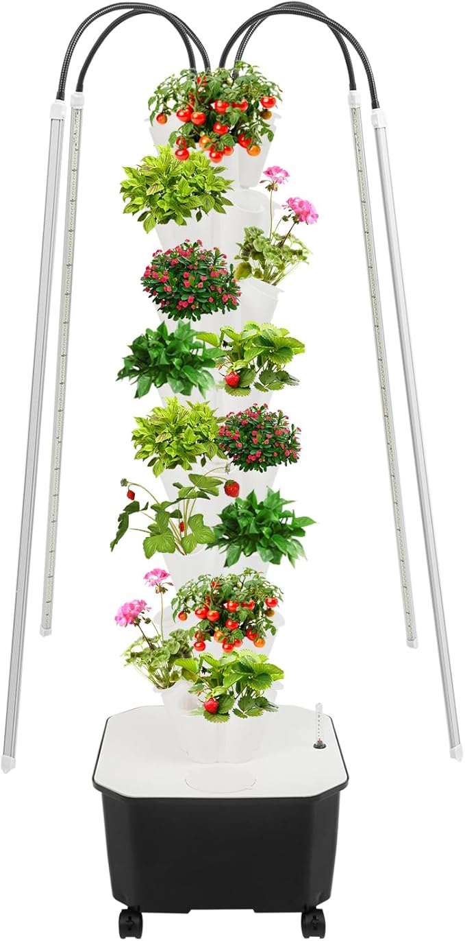 40 Pots Hydroponic Tower Growing System with Lights 8 Layers Movable Vertical Hydroponics Tower Garden Growing System Space Saving Indoor Plants Smart Garden for Gardening Lover