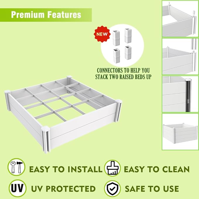 Raised Garden Bed Kit 4'x4' Outdoor Above Ground Planter Box for Growing Vegetables Flowers Herbs DIY Gardening Whelping Pen and More Screwless White Vinyl Garden Bed with Grid