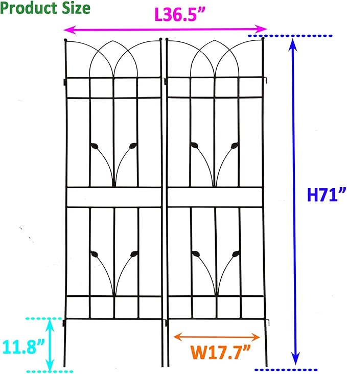 2 Pack Large Garden Trellis 71 H x 17.7 W Heavy Duty Rustproof Black Iron Plant Trellis for Potted Plant Support Metal Climbing Rose Trellis Vine Vegetable Cucumber