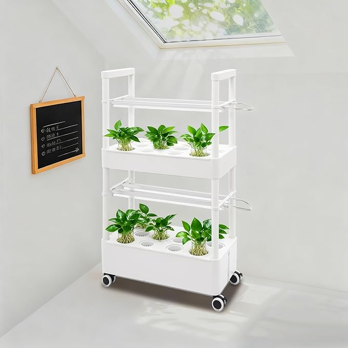 Hydroponics System with Grow Lights - 28 Hole Indoor Garden Kit 2-Tier All-in-One with Water Pump &amp Wheels for Offices Living Rooms Kitchens