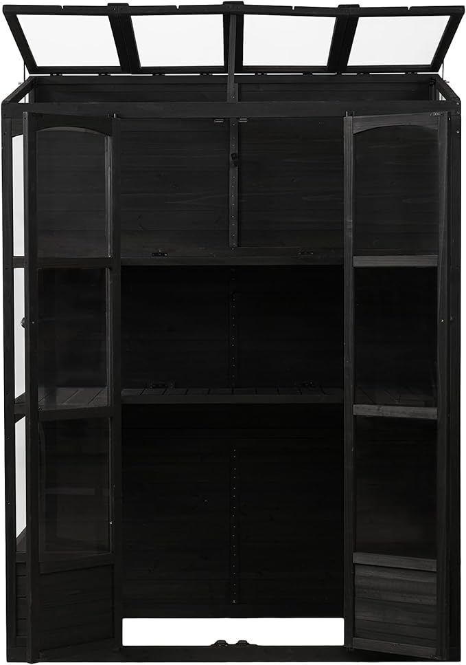 78inch Height Wood Large Greenhouse Cold Frame with 4 Independent Skylights and 2 Folding Middle Shelves Walk-in Outdoor Greenhouse for Backyard Mudroom (Black/78)