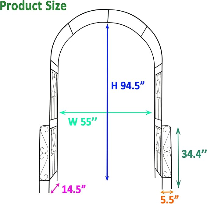 Metal Garden Arch W55'' x H94.5''Climbing Plants Support Rose Arch Outdoor Arch Black