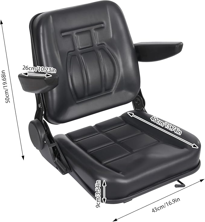 Universal Tractor Seat Forklift Lawn Mower Seat w/Armrests &amp Adjustable Backrest 30 ° -180 ° for Mowers Dozers Aerial Lifts Floor Scrubbers (Black)