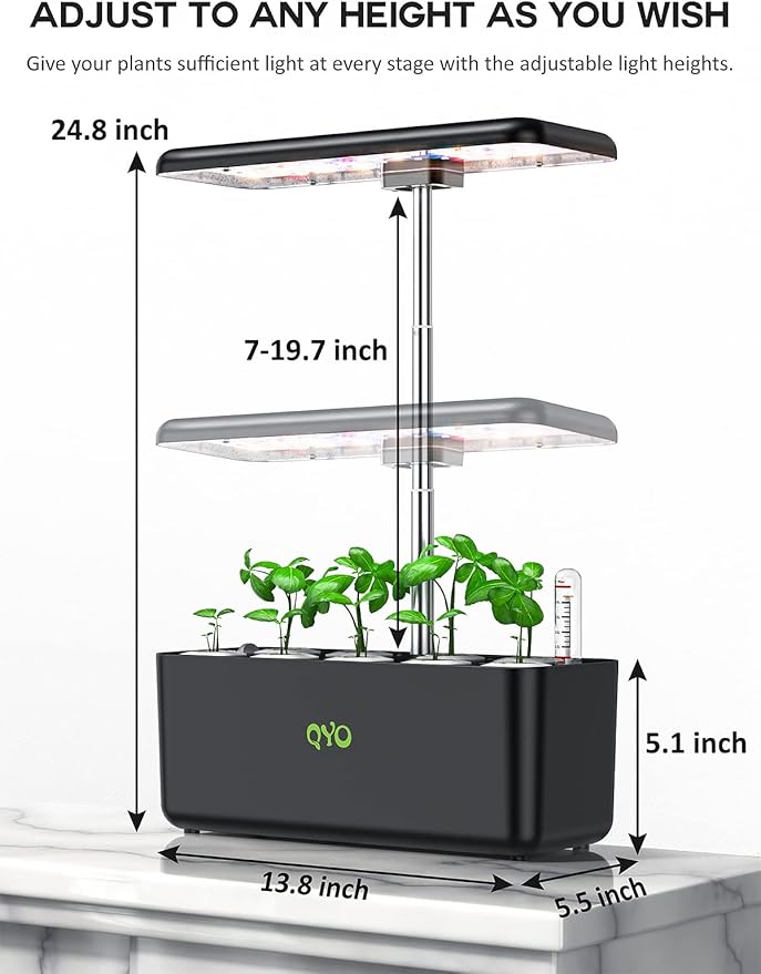 Hydroponics Growing System QYO 9 Pods Herb Garden with 70 LEDs Full-Spectrum Plant Grow Light Hydroponic Herb Garden with 4.5L Water Tank 19.7'' Height Adjustable Gardening System Black QYO10