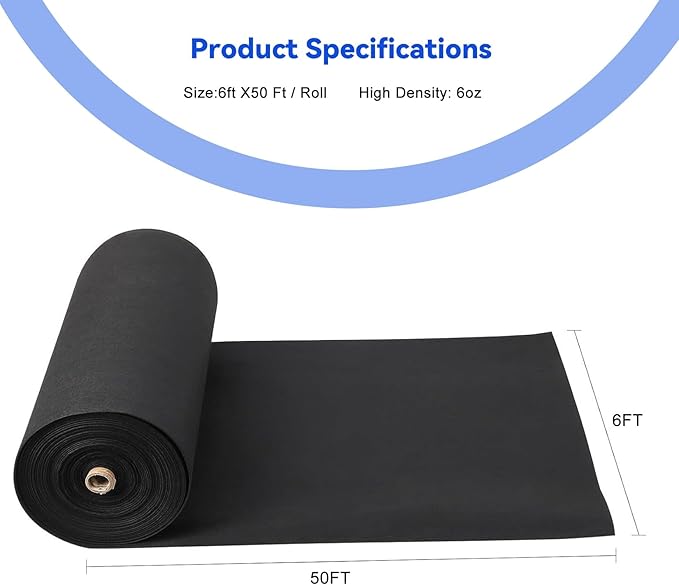6ft X 300ft 6oz PP Geotextile Landscape Fabric Non-Woven Weed Barrier (350N Tensile/440N Load) for Driveway Stabilization Drains &amp Erosion Control(6x50ft+6oz)