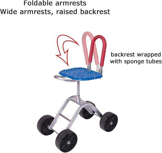 Garden Stool with 4 WheelsRolling Work Seat Adjustable Height 36-48cmwith Foldable Backrest for Lawn Yard Patio Outdoor(Red)