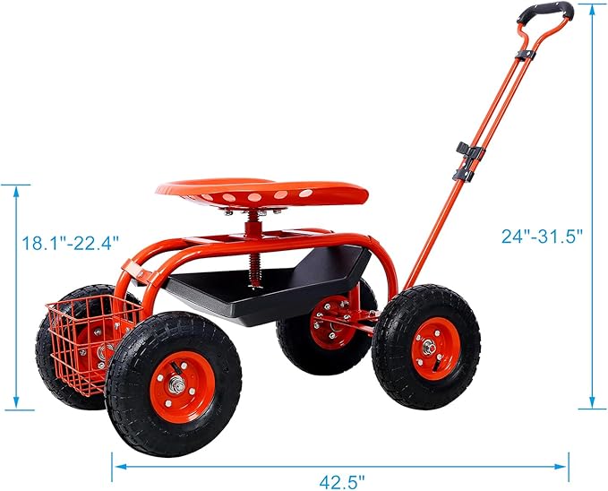 Garden Stool with 360 Swivel Seat Outdoor Rolling Garden Scooter with Adjustable Handle Tools Tray &amp Basket Garden Cart on Wheels Patio Wagon Work Seat with Wheels for Planting Weeding Red