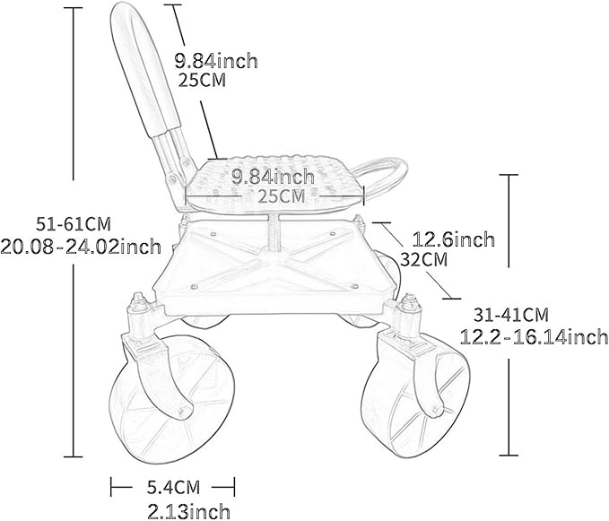 Garden Trolley Rolling Seat Gardening Stool Carbon Steel Frame with Backrest Height Adjustable Garden Chair for Planting Shed red with bag