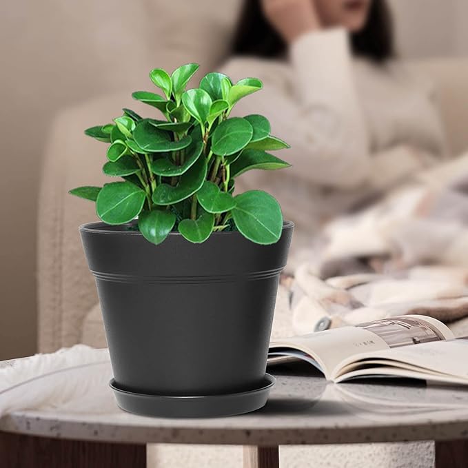 WOUSIWER 16 Pack 6 inch Plastic Planters for Indoor Flower Pots Heavy Duty and Stylish 6 Inch Plant Pots for Indoor Plants with Drainage Holes and Tray for Plants Flowers Black