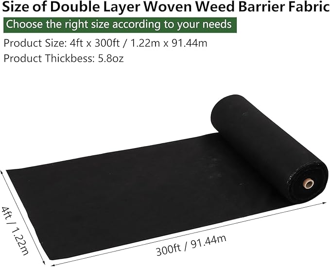 4ft x 300ft Weed Barrier Landscape Fabric Heavy Duty 5.8oz Weed Block Gardening Ground Cover Mat Weed Control Garden Cloth Woven Geotextile Fabric for Underlayment Commercial Driveway Fabric
