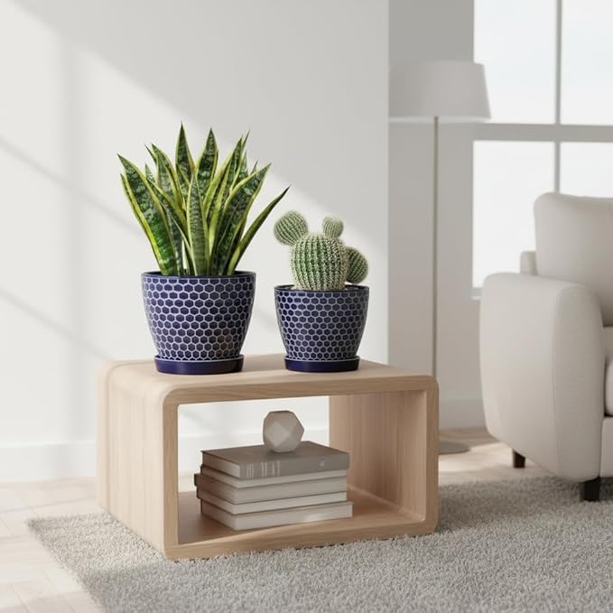 Docrin Blue Honeycomb Ceramic Plant Pot Set - 6.6+5.5 Inch Modern Decorative Planters with Drainage Holes &amp Saucers for Indoor/Outdoor Home Office