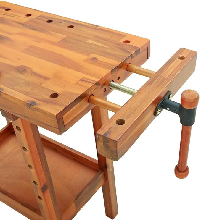 vidaXL Solid Wooden Workbench with Acacia Wood Top and Vices for Workshops Garages and Sheds – Large Space High Strength