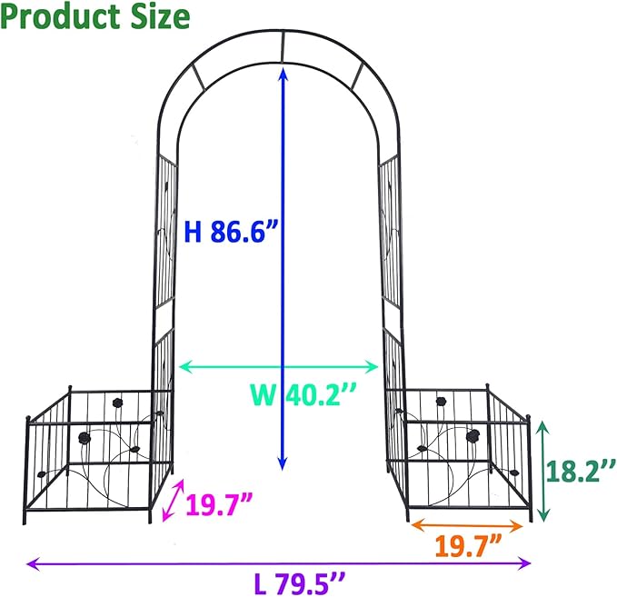 Metal Garden Arch with Two Plant Stands 79.5'' Wide x 86.6'' High Climbing Plants Support Rose Arch Outdoor Black