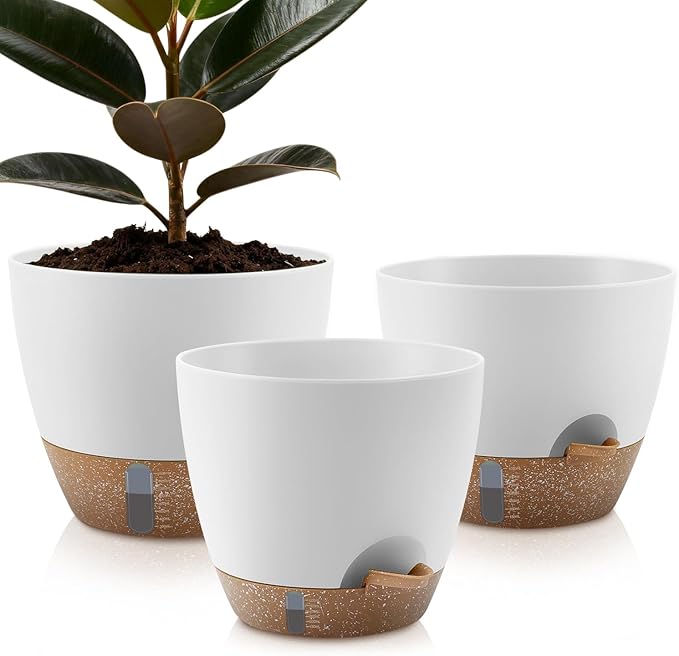 Self-Watering Plant Pots with Water Level Indicator Drainage Holes &amp Saucers – 12/10/9 Inch Large Plastic Planter Set for Indoor &amp Outdoor Plants (White)