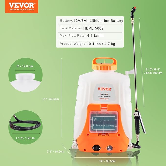 VEVOR Battery Powered Backpack Sprayer 0-90 PSI Adjustable Pressure 4 Gallon Tank Back Pack Sprayer with 8 Nozzles and 2 Wands 12V 8Ah Battery Wide Mouth Lid for Weeding Spraying Cleaning