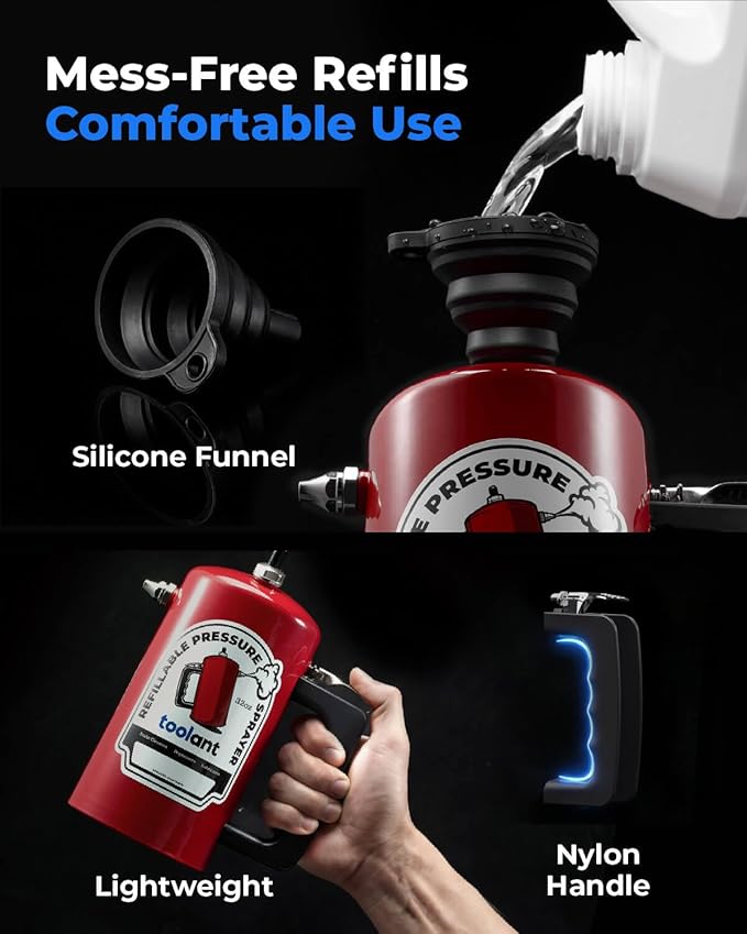 toolant 32oz Refillable Pressurized Sprayer Steel Canister Rust-Resistant Lining Needle Valve Leak-Resistant Dual Nozzles 1.0/0.6mm Funnel Included 200 PSI Max for Brake Cleaner &amp Solvents